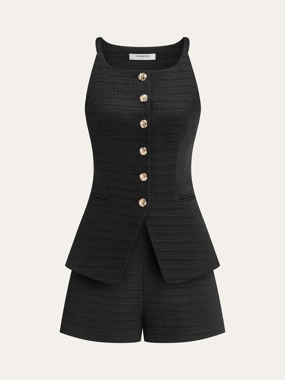 Commense Black High-Waist Textured Short Set with Gold Buttons